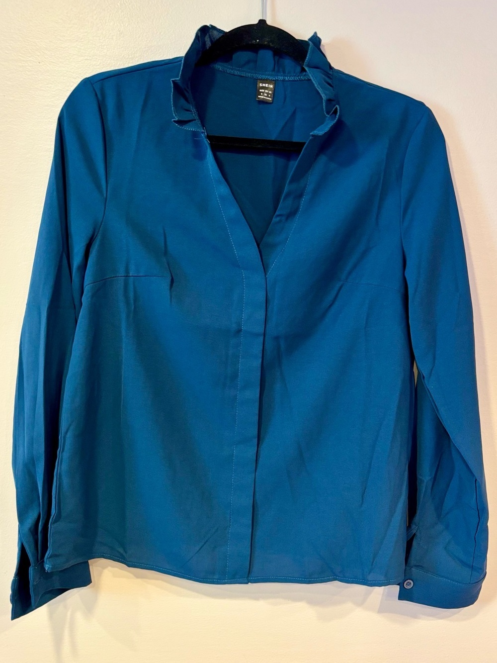 SHEIN Teal Ruffle Neck Long-Sleeve Button Down Blouse Women's Small
